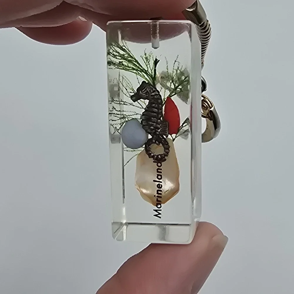 VTG Marineland Florida Seahorse Shell Clear Acrylic Resin Metal Keychain 4 Sided